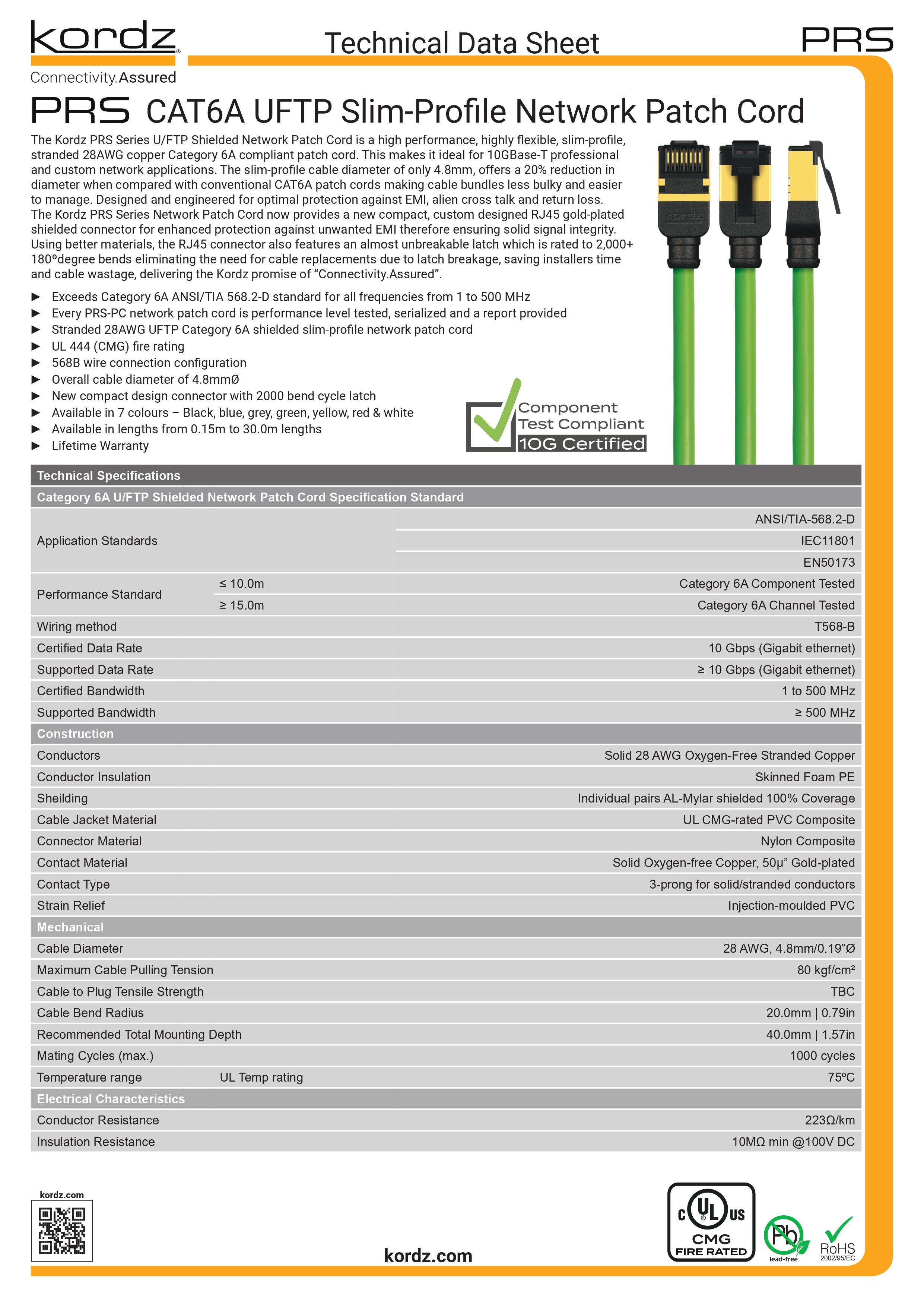 Kordz PRS Series Slim Profile CAT6A U/FTP Network Patch Cord (CAT6A網絡線)